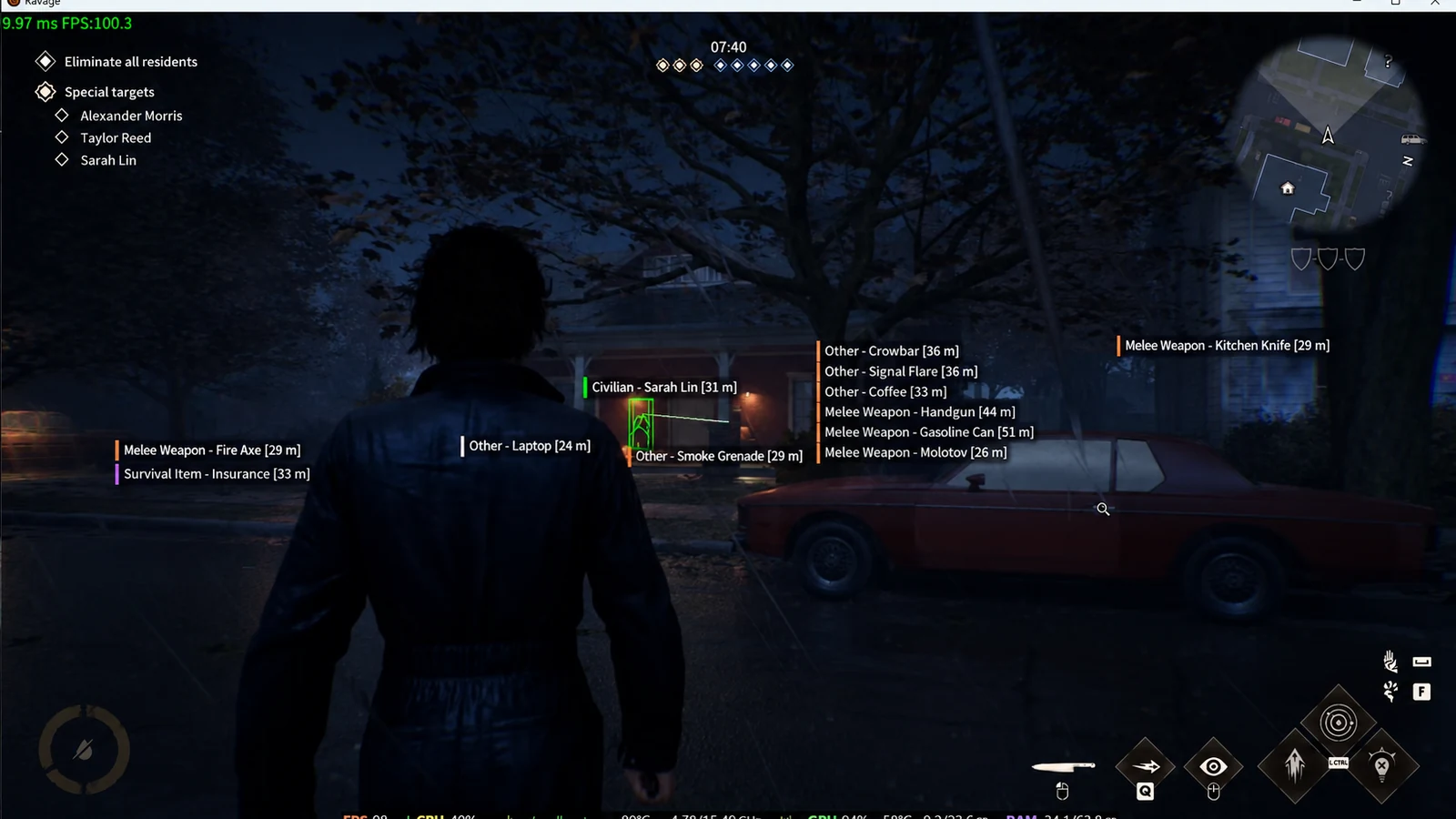 GF ESP in a live Halloween The Game match: a boxed target with name and distance, weapons and items like the Fire Axe, Molotov and CB Radio tagged through the dark while the objectives HUD tracks named residents